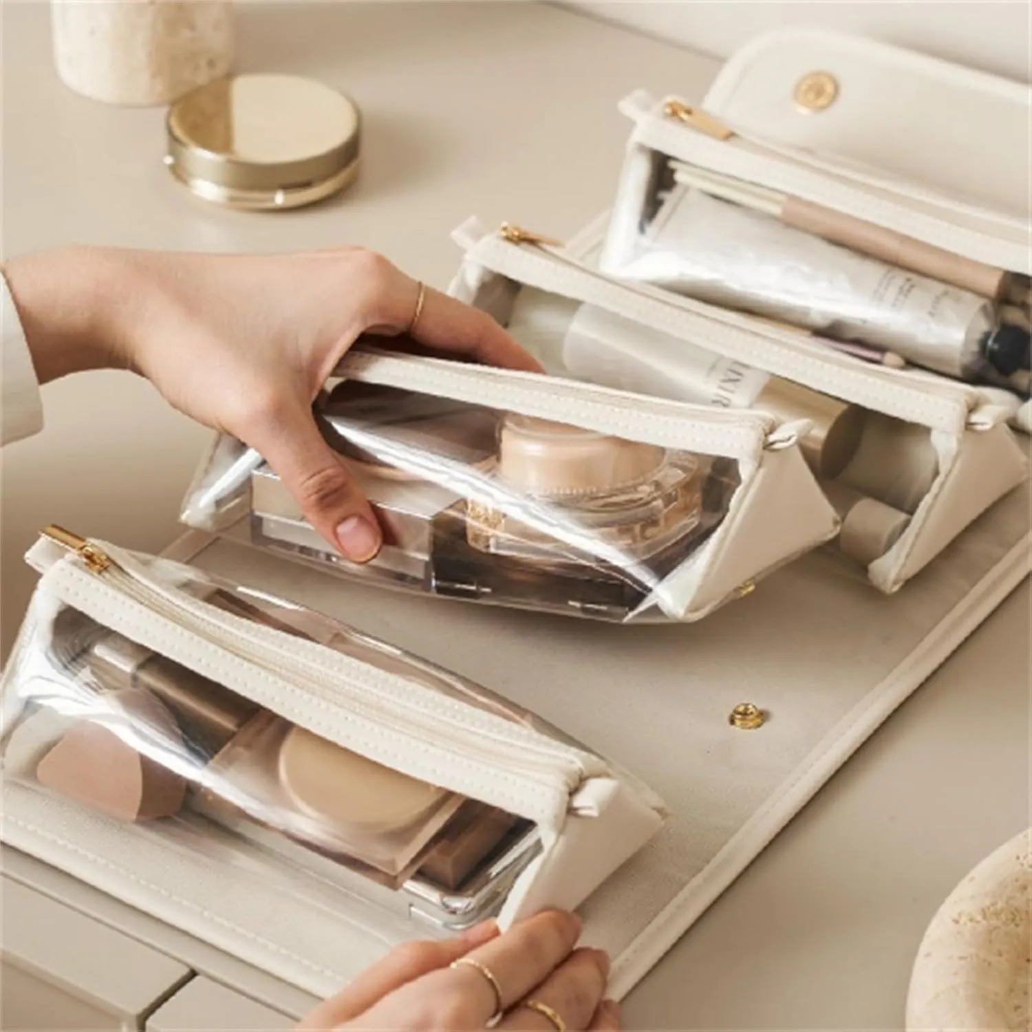 Waterproof Travel Toiletry Bag 4 Detachable Clear Compartment, Leather Waterproof Cosmetic Bag Detachable 4 in 1, Rollable Large Capacity Hanging Cosmetic Travel Bag (Black*2)