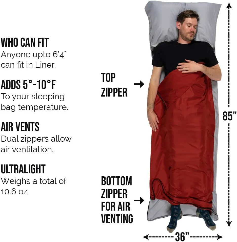 WELL TRAVELED Sleeping Bag Liner, Lightweight Adult Sleeping Sheet for Hiking, Backpacking and Camping, Easily Removable and Washable, Silky Smooth Fabric, Simple to Stuff Sack