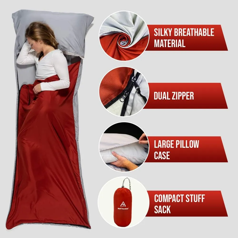 WELL TRAVELED Sleeping Bag Liner, Lightweight Adult Sleeping Sheet for Hiking, Backpacking and Camping, Easily Removable and Washable, Silky Smooth Fabric, Simple to Stuff Sack