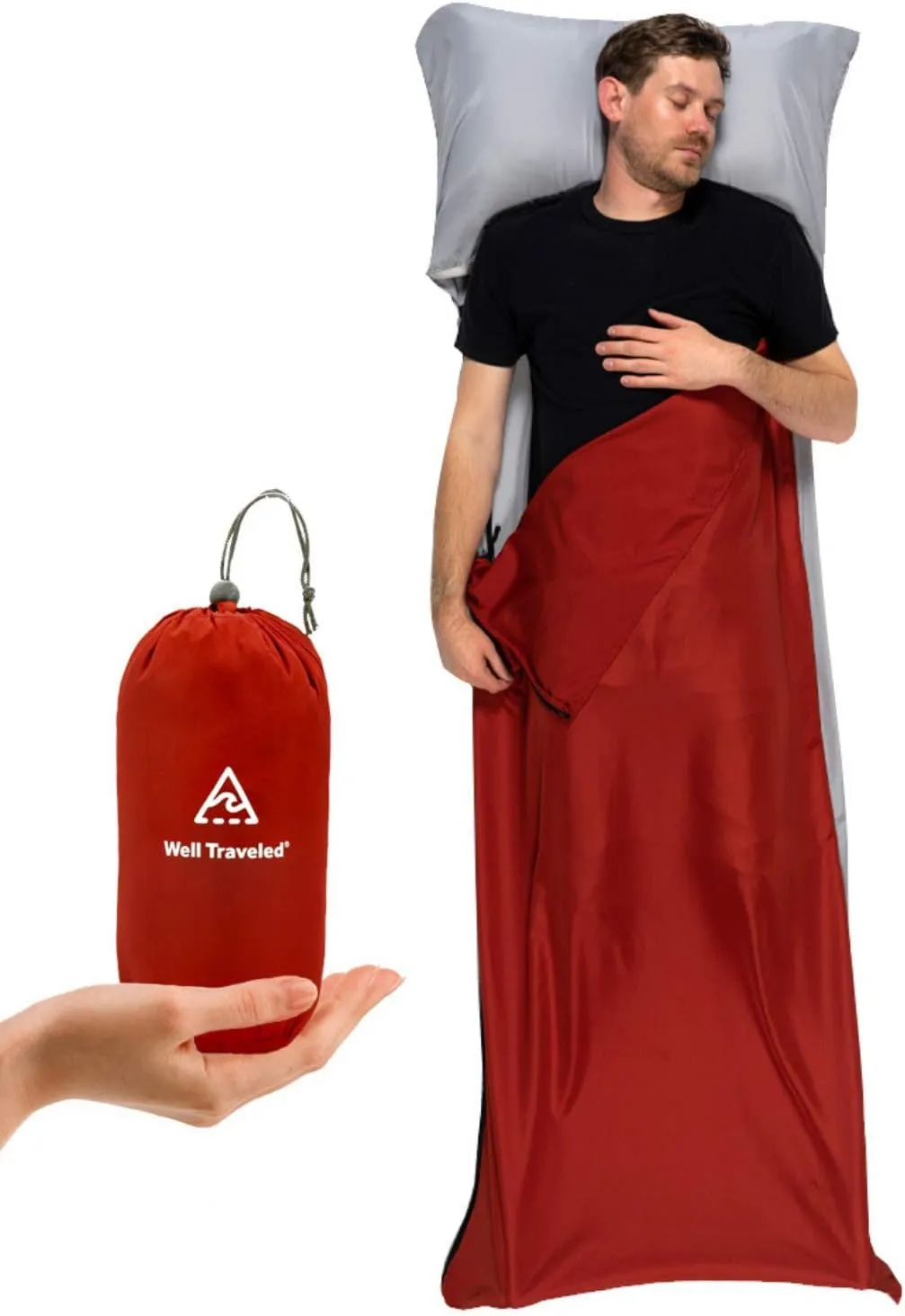 WELL TRAVELED Sleeping Bag Liner, Lightweight Adult Sleeping Sheet for Hiking, Backpacking and Camping, Easily Removable and Washable, Silky Smooth Fabric, Simple to Stuff Sack