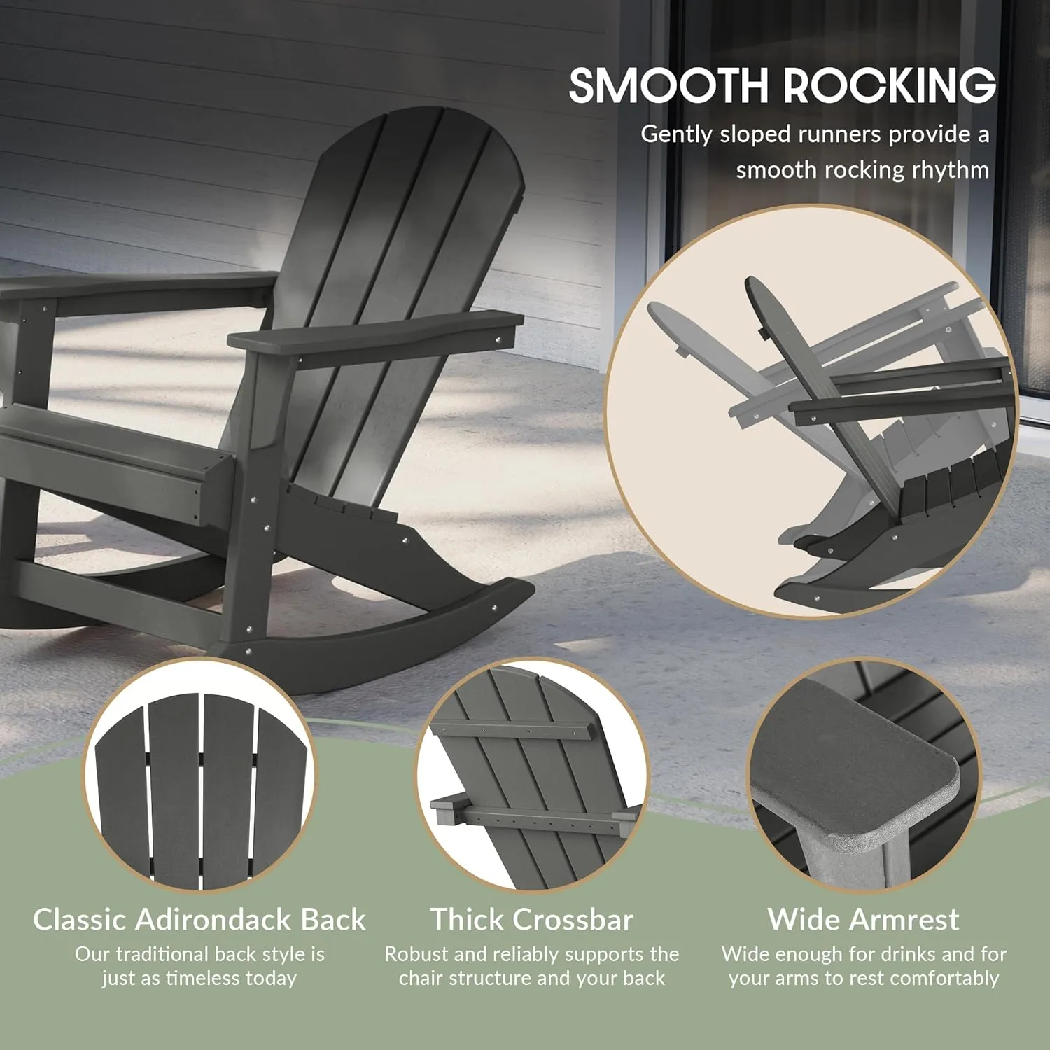 WestinTrends Malibu Outdoor/Patio Poly Adirondack Rocking Chair, Gray