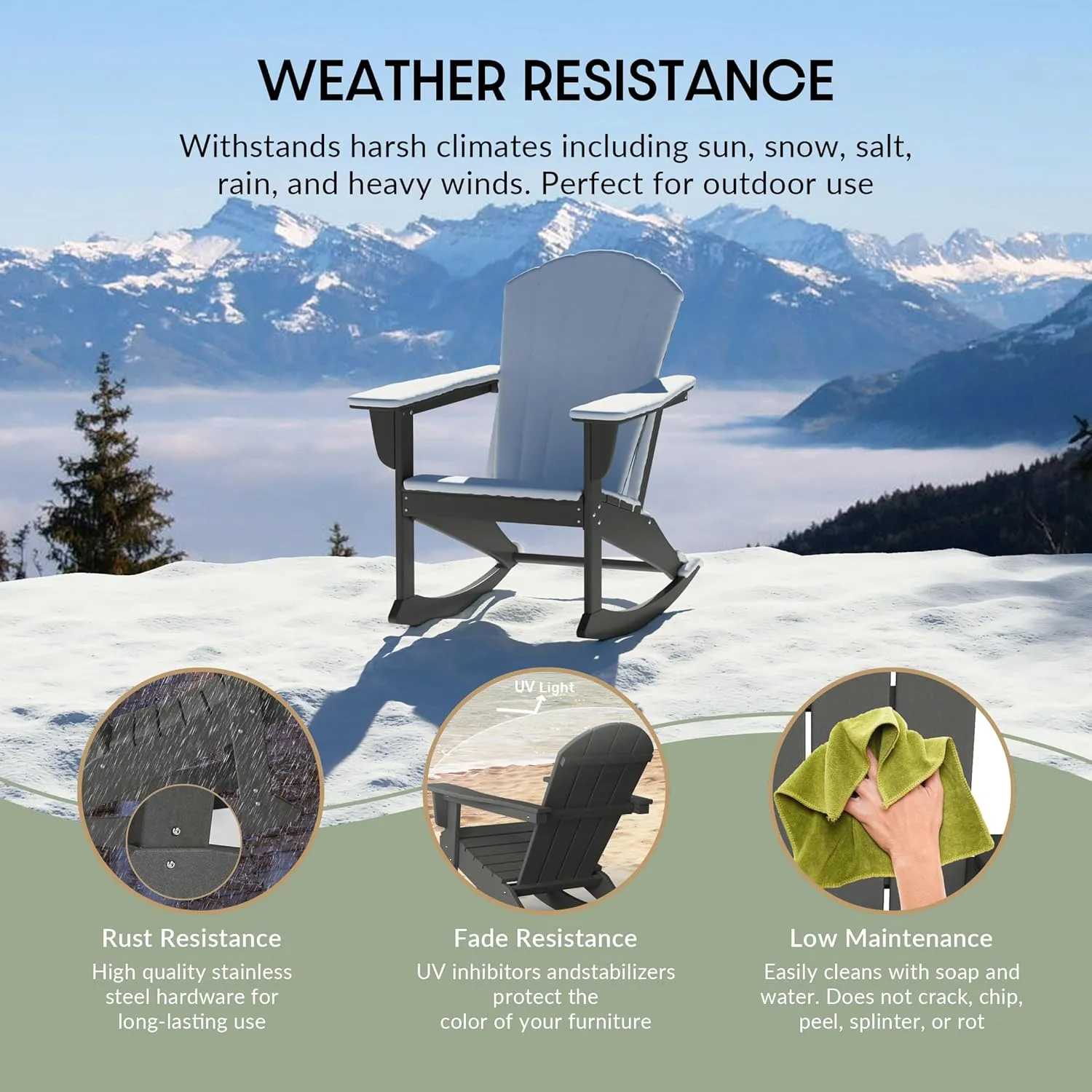 WestinTrends Malibu Outdoor/Patio Poly Adirondack Rocking Chair, Gray