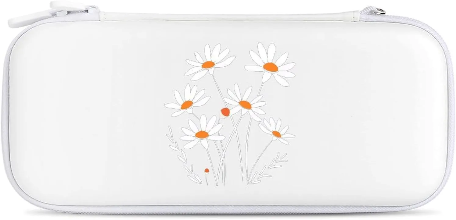 White Daisy Flower Hard Shell Travel Case with Rope 15 Game Card Pockets Compatible with Switch Protective