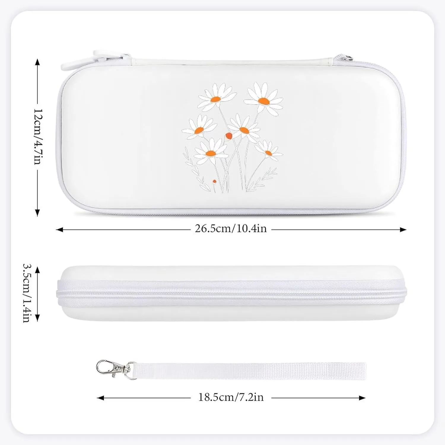 White Daisy Flower Hard Shell Travel Case with Rope 15 Game Card Pockets Compatible with Switch Protective