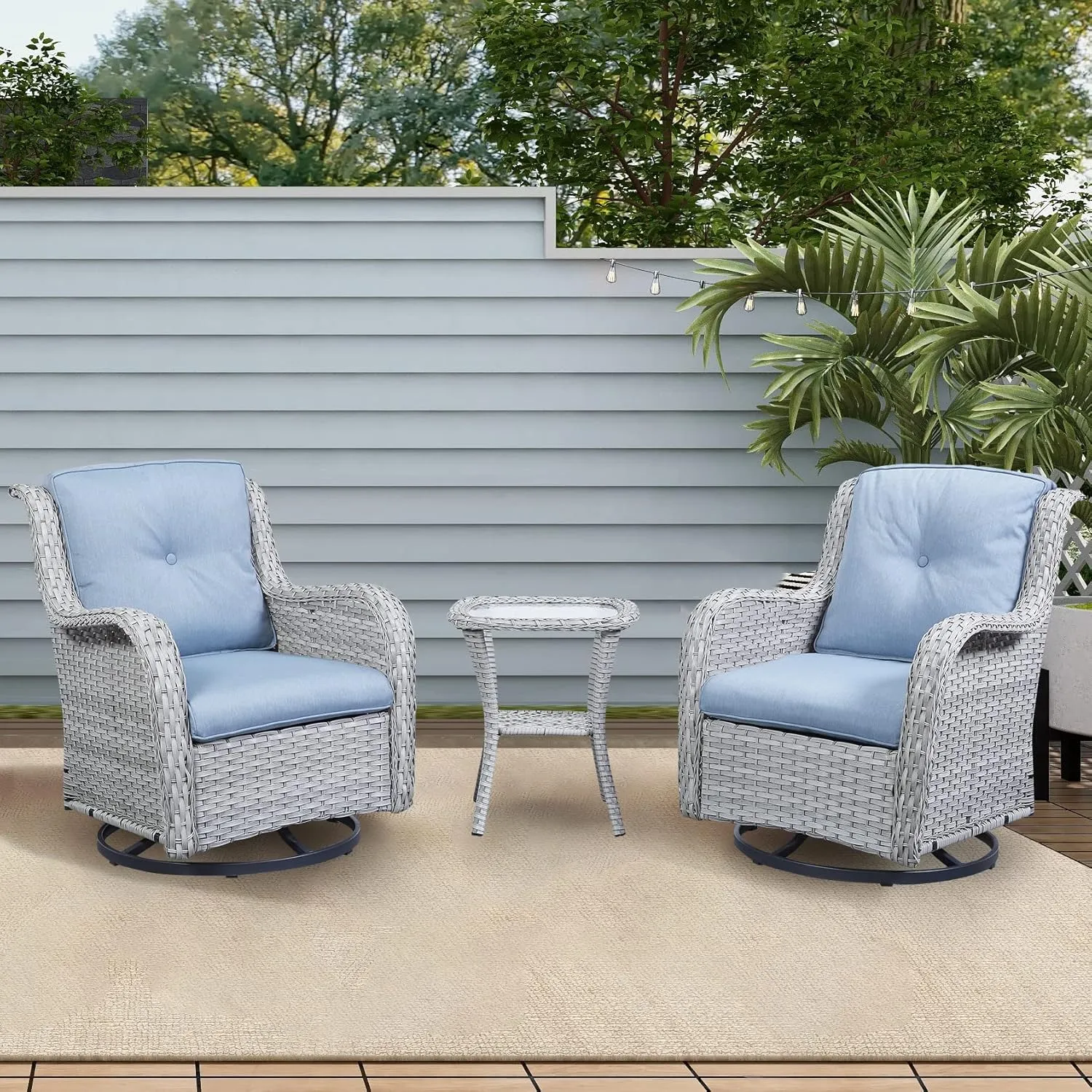 Wicker Rocking Chair Swivel Chairs - 3 Piece Rocker Patio Furniture Set Rattan Rocking Bistro Sets with Glass Top Side Table for Outdoor Porch Deck Garden Backyard (Light Grey/Sky Blue)