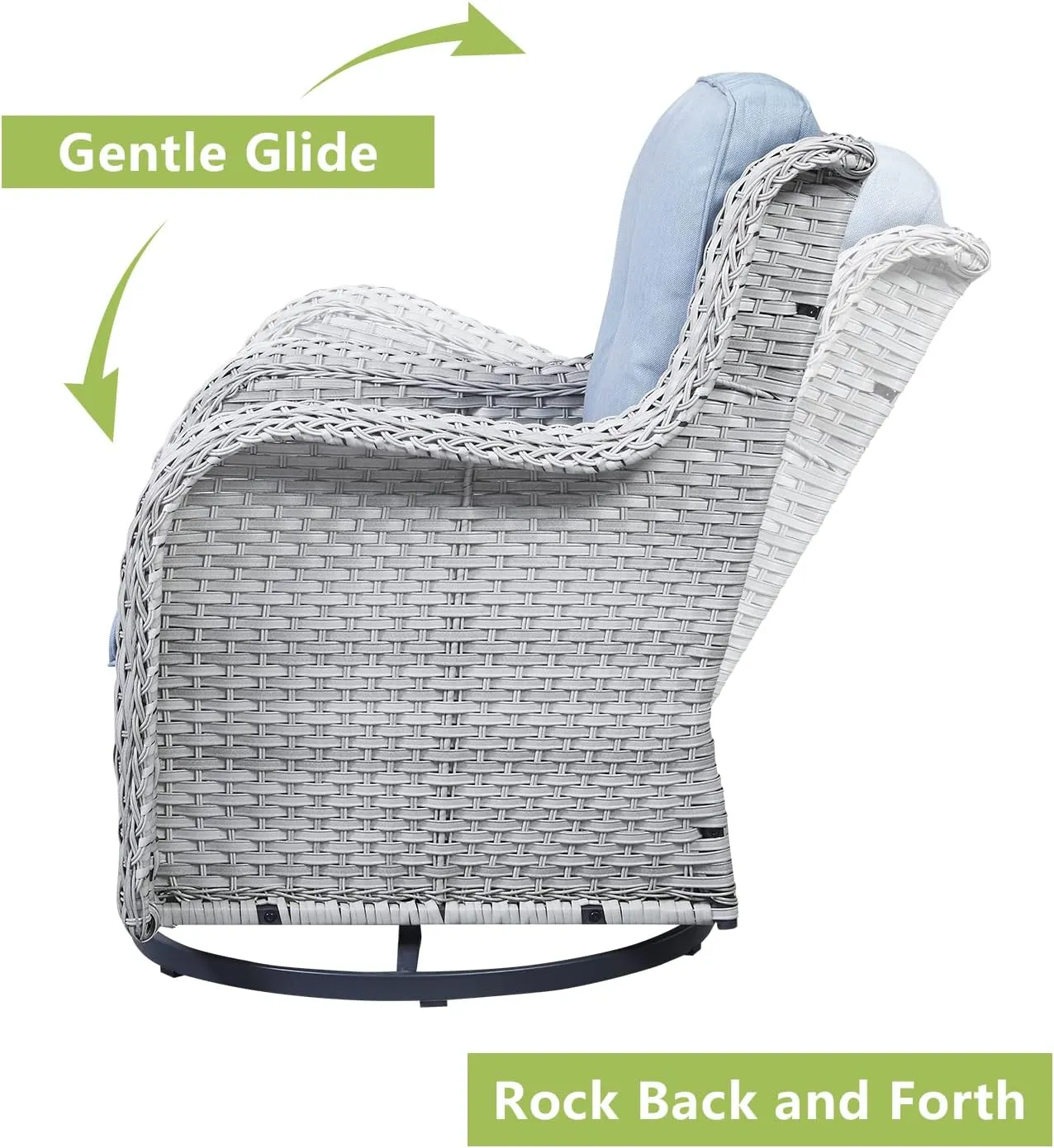 Wicker Rocking Chair Swivel Chairs - 3 Piece Rocker Patio Furniture Set Rattan Rocking Bistro Sets with Glass Top Side Table for Outdoor Porch Deck Garden Backyard (Light Grey/Sky Blue)