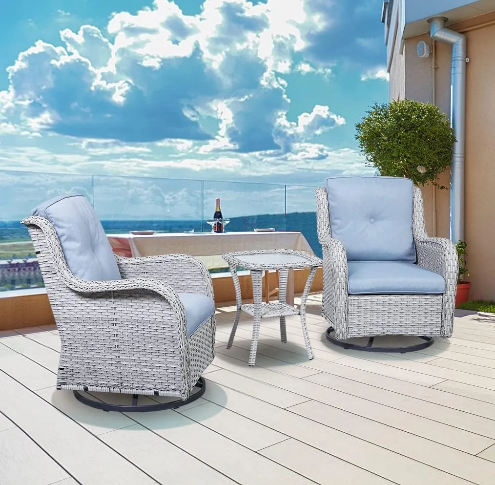 Wicker Rocking Chair Swivel Chairs - 3 Piece Rocker Patio Furniture Set Rattan Rocking Bistro Sets with Glass Top Side Table for Outdoor Porch Deck Garden Backyard (Light Grey/Sky Blue)