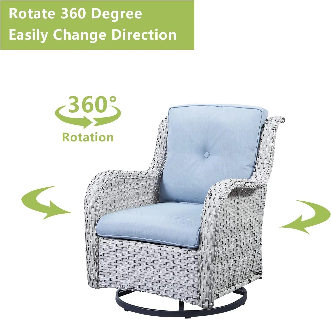 Wicker Rocking Chair Swivel Chairs - 3 Piece Rocker Patio Furniture Set Rattan Rocking Bistro Sets with Glass Top Side Table for Outdoor Porch Deck Garden Backyard (Light Grey/Sky Blue)