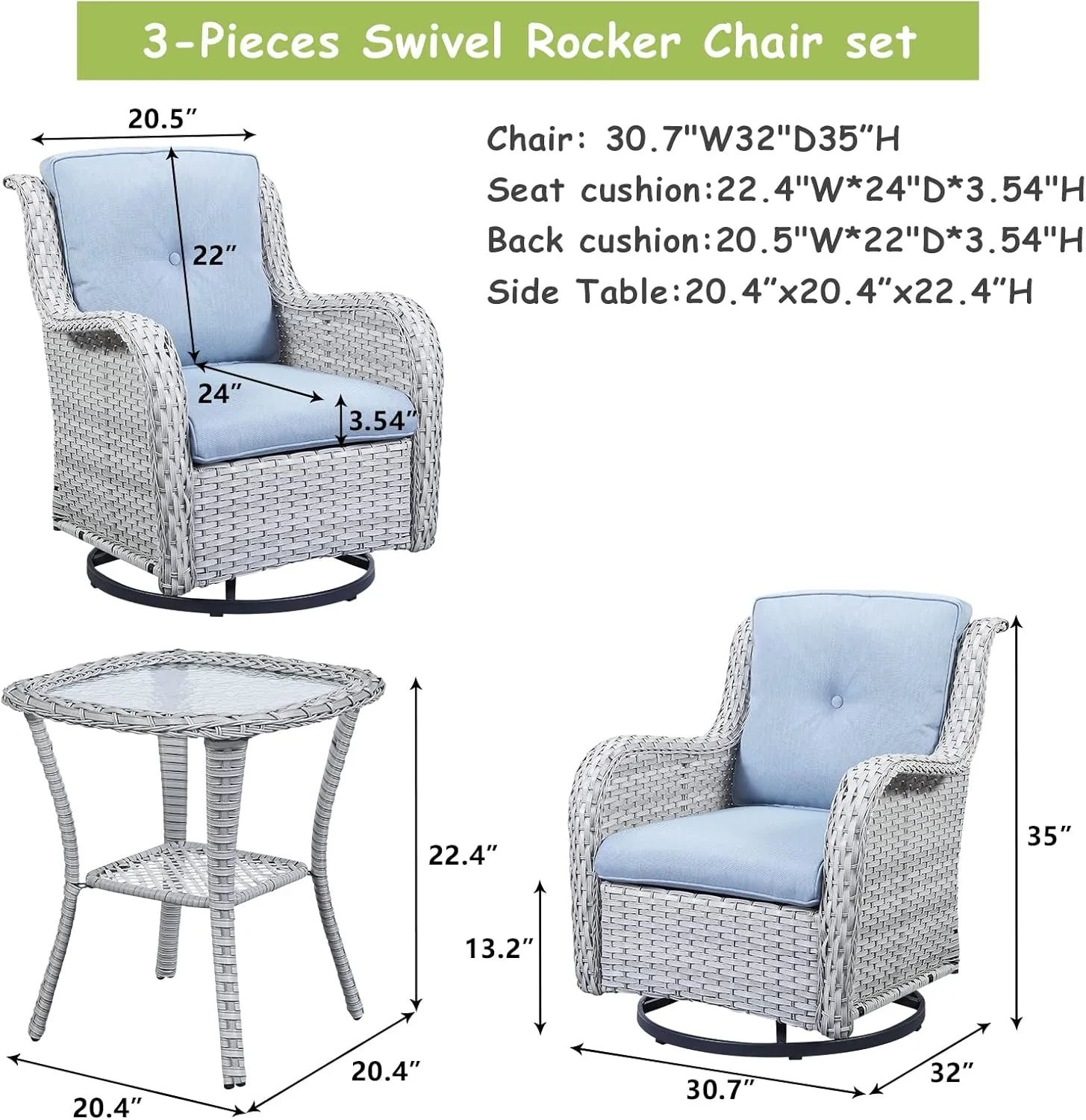 Wicker Rocking Chair Swivel Chairs - 3 Piece Rocker Patio Furniture Set Rattan Rocking Bistro Sets with Glass Top Side Table for Outdoor Porch Deck Garden Backyard (Light Grey/Sky Blue)