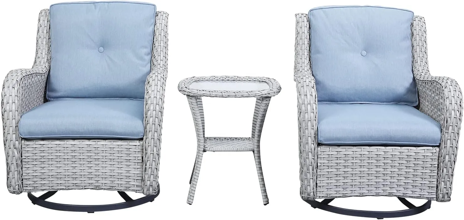 Wicker Rocking Chair Swivel Chairs - 3 Piece Rocker Patio Furniture Set Rattan Rocking Bistro Sets with Glass Top Side Table for Outdoor Porch Deck Garden Backyard (Light Grey/Sky Blue)