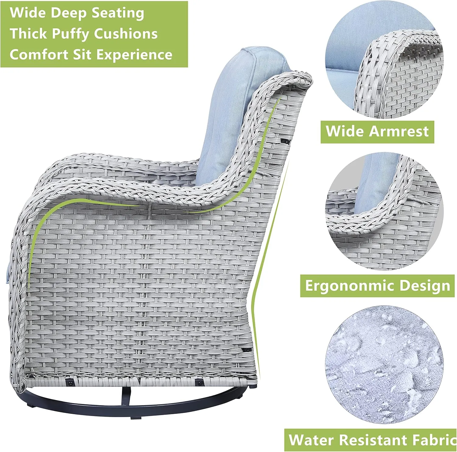 Wicker Rocking Chair Swivel Chairs - 3 Piece Rocker Patio Furniture Set Rattan Rocking Bistro Sets with Glass Top Side Table for Outdoor Porch Deck Garden Backyard (Light Grey/Sky Blue)