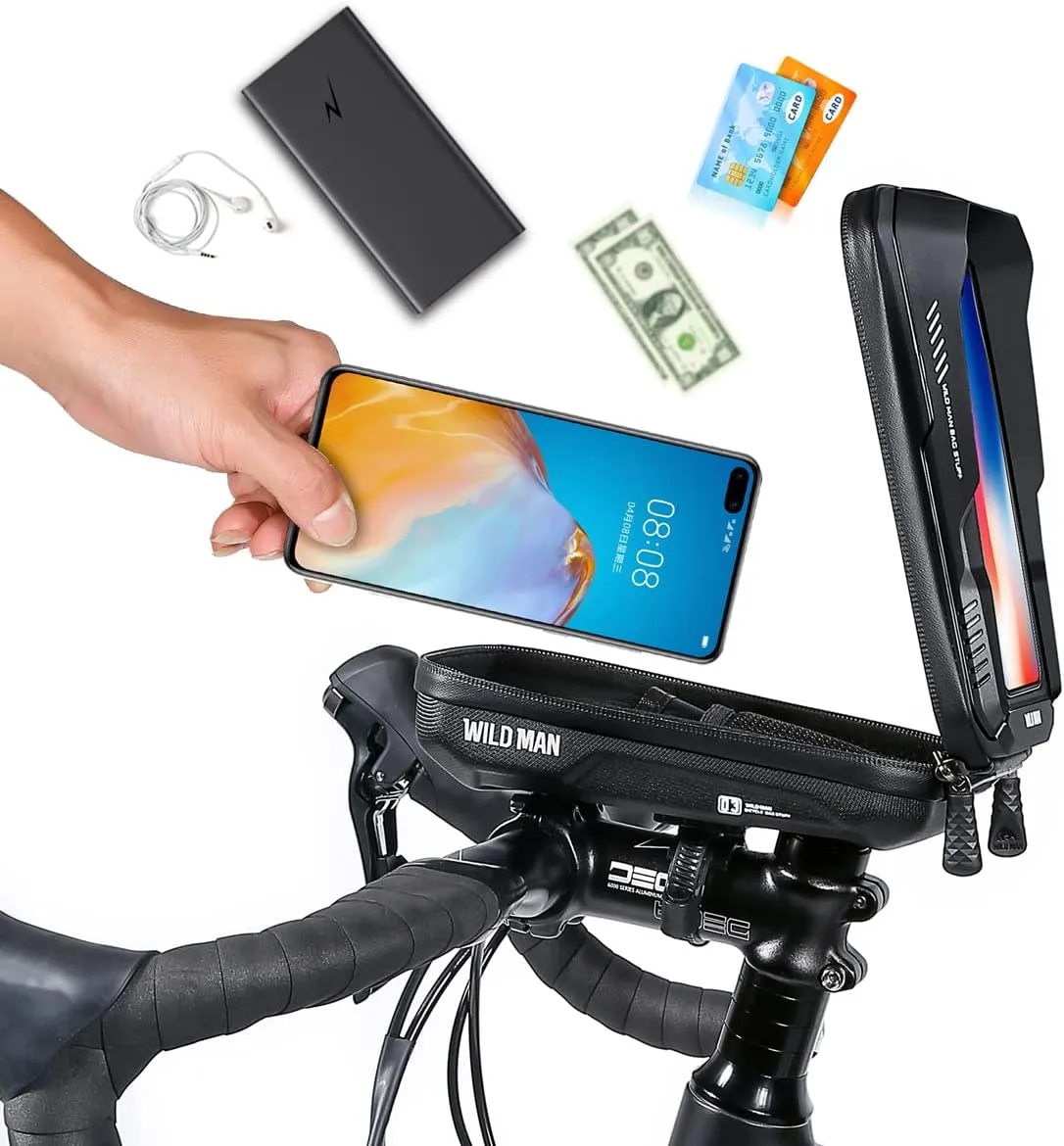 WILD MAN 0.6L Quick Release Rainproof Phone Holder Type Bike Handlebar Bag with Touch Screen for MTB Mountain Road Bike Bicycle Cycling (XT3,Twill)