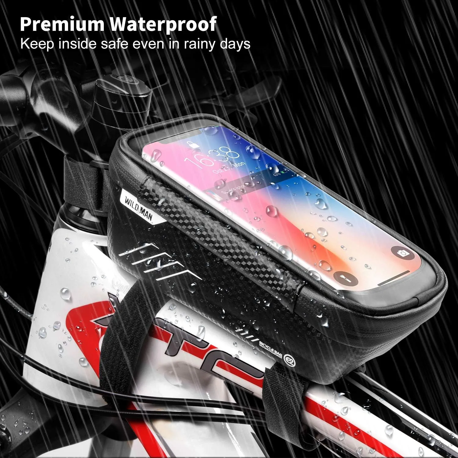 WILD MAN Bike Phone Mount Bag, Waterproof Mountain Bike Accessories with 3D Hard EVA & TPU Touch Screen for Phones Under 6.5'