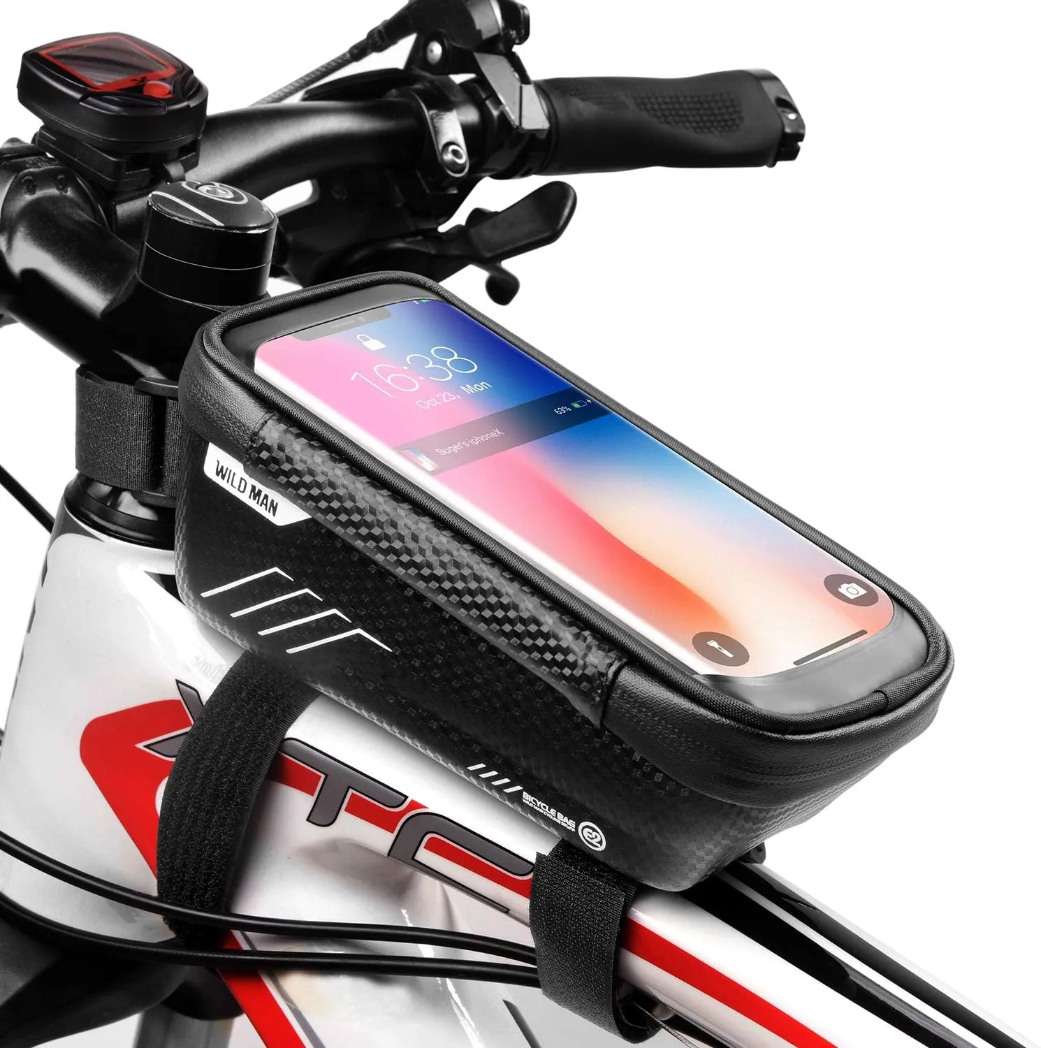 WILD MAN Bike Phone Mount Bag, Waterproof Mountain Bike Accessories with 3D Hard EVA & TPU Touch Screen for Phones Under 6.5'