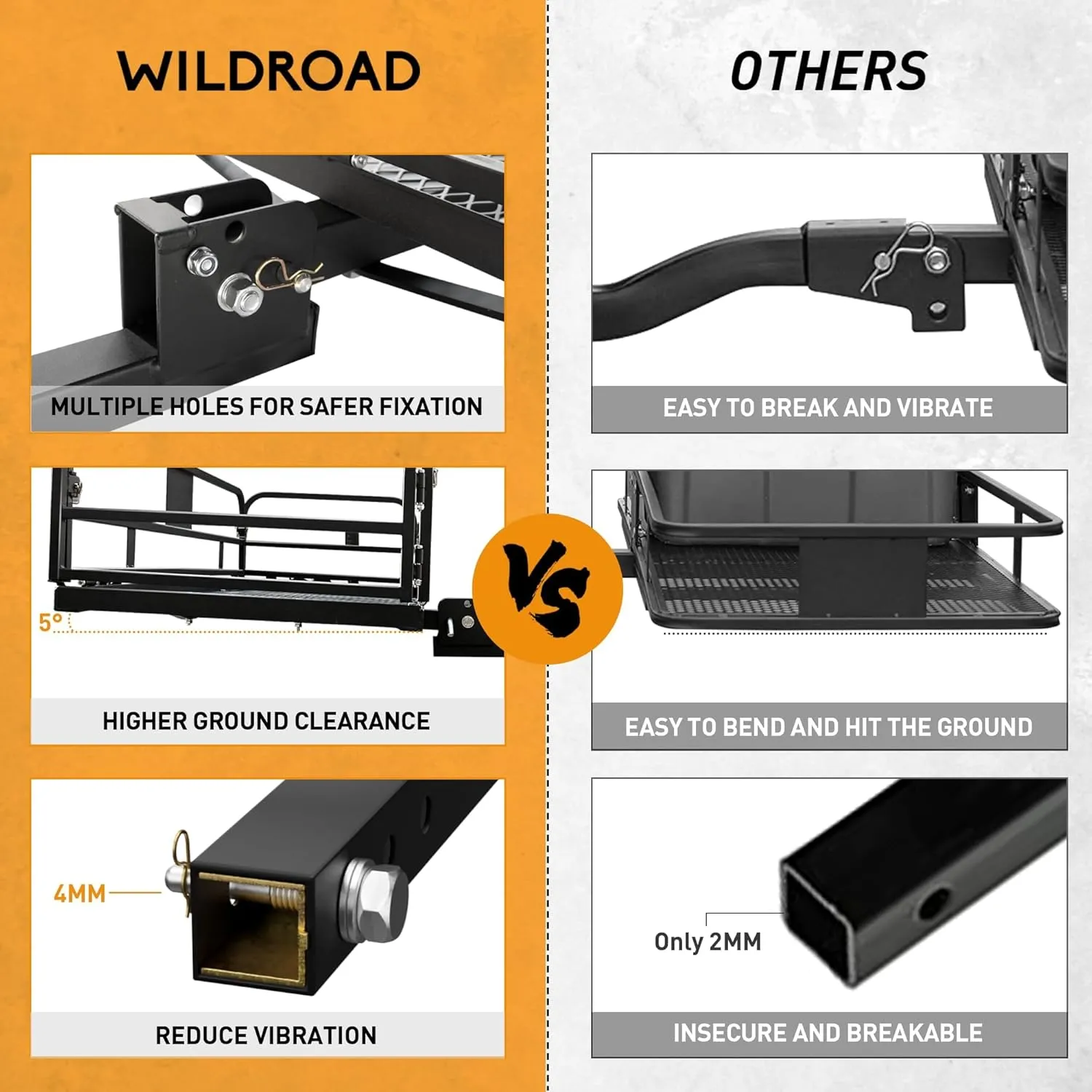 Wildroad Hitch Cargo Carrier 500 LBS Capacity Vehicle Trailer Baskets 60" x 24" x 14" Fits 2" Receiver with Waterproof Cargo Bag, Cargo Net, Ratchet Straps and Dual Tightener
