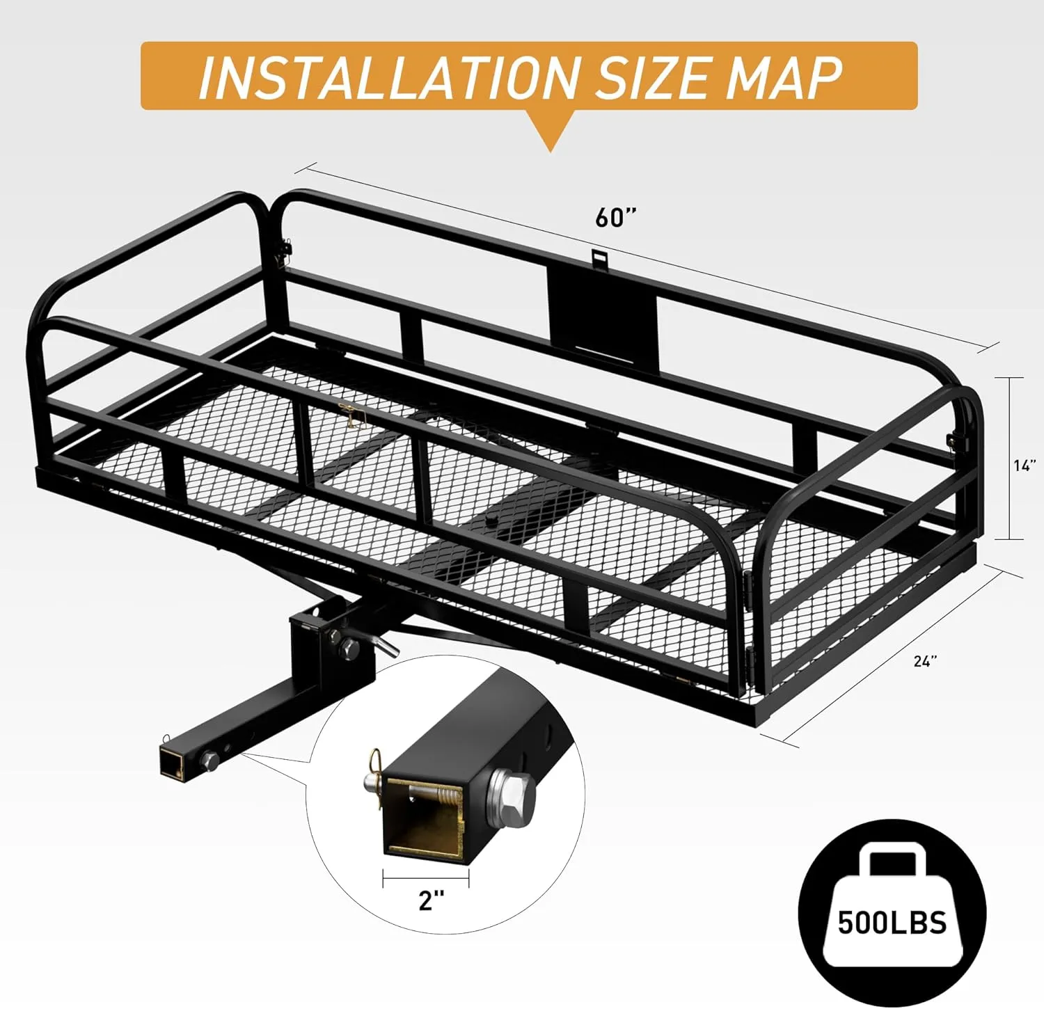 Wildroad Hitch Cargo Carrier 500 LBS Capacity Vehicle Trailer Baskets 60" x 24" x 14" Fits 2" Receiver with Waterproof Cargo Bag, Cargo Net, Ratchet Straps and Dual Tightener