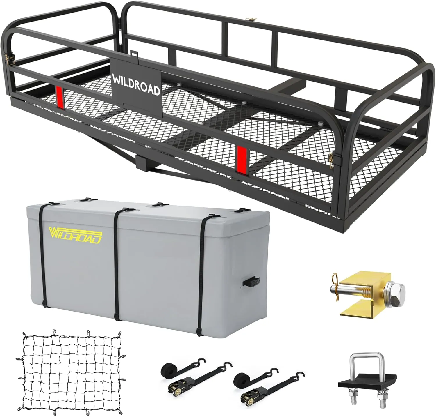 Wildroad Hitch Cargo Carrier 500 LBS Capacity Vehicle Trailer Baskets 60" x 24" x 14" Fits 2" Receiver with Waterproof Cargo Bag, Cargo Net, Ratchet Straps and Dual Tightener