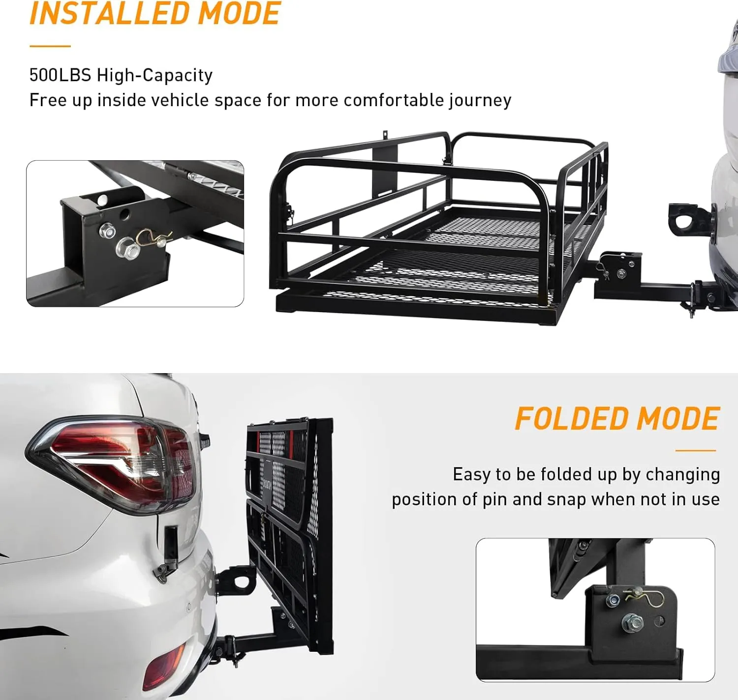 Wildroad Hitch Cargo Carrier 500 LBS Capacity Vehicle Trailer Baskets 60" x 24" x 14" Fits 2" Receiver with Waterproof Cargo Bag, Cargo Net, Ratchet Straps and Dual Tightener