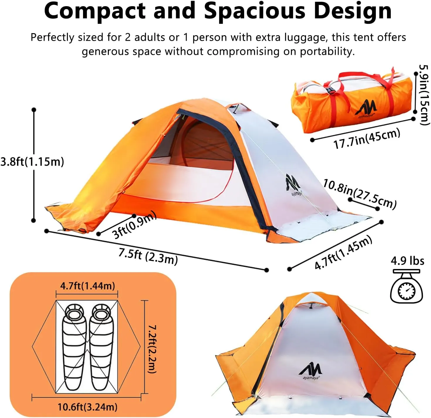 Winter Camping Tent - Lightweight & Waterproof Backpacking Tent, 2 Person 4 Season Tent for Snow and Cold Weather, Double Layer 2 1 Man Tent for Outdoor Camping, Backpacking, Hiking