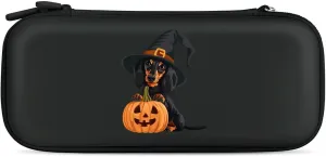 Witch Dachshund Dog Halloween Pumpkin Hard Shell Travel Case with Rope 15 Game Card Pockets Compatible with Switch Protective