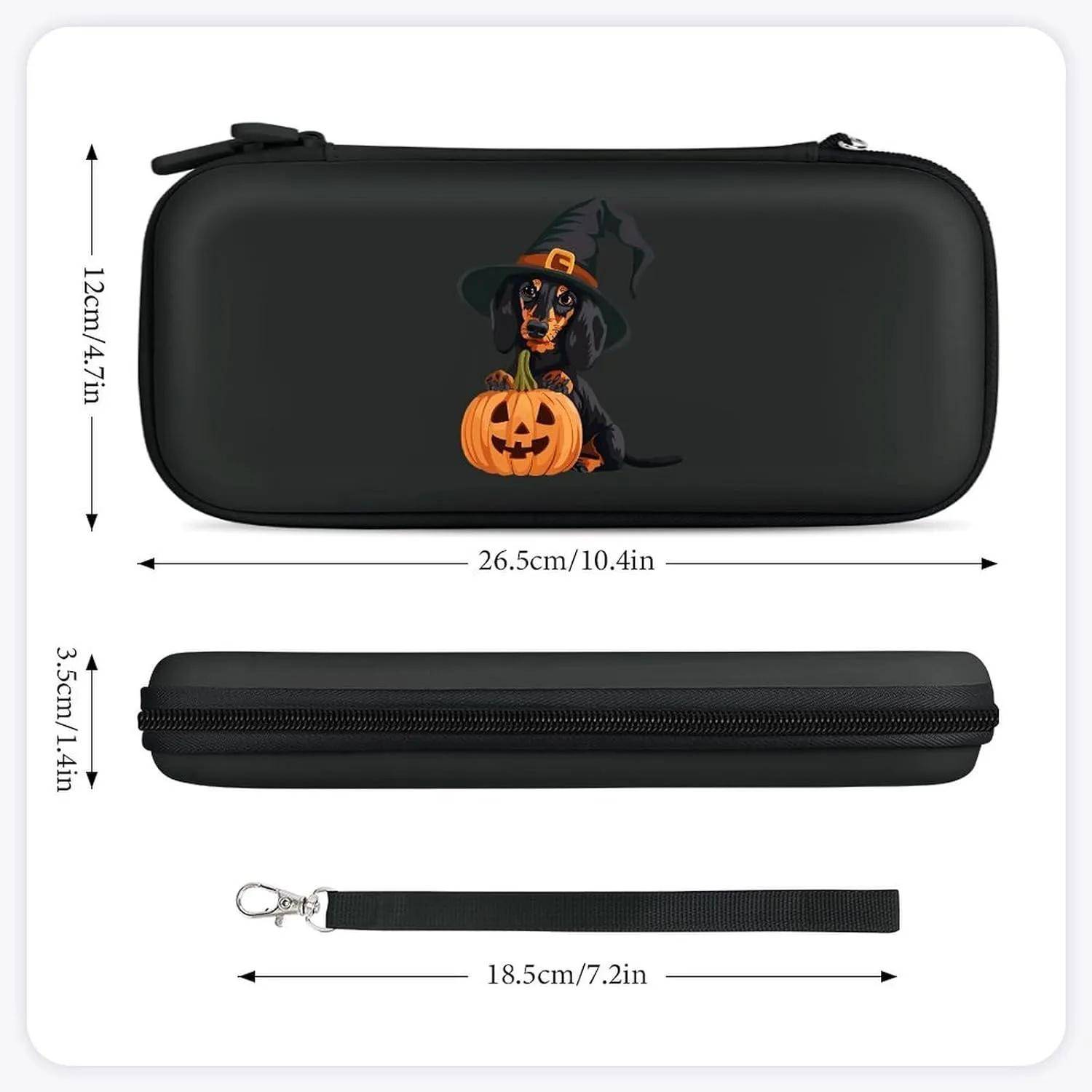 Witch Dachshund Dog Halloween Pumpkin Hard Shell Travel Case with Rope 15 Game Card Pockets Compatible with Switch Protective