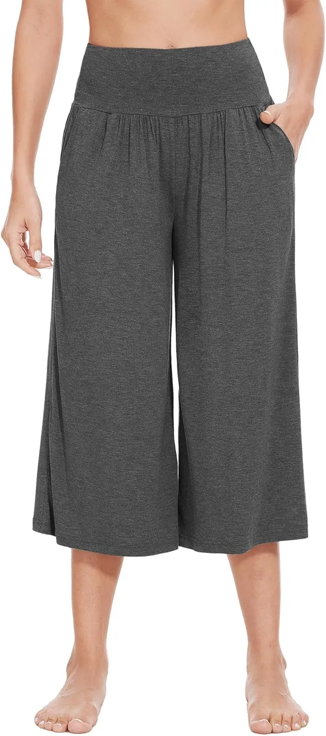 WiWi Women's Wide Leg Capri Pants Viscose from Bamboo Palazzo Lounge Bottoms with Pockets High Waist Pajama Bottom S-XXL