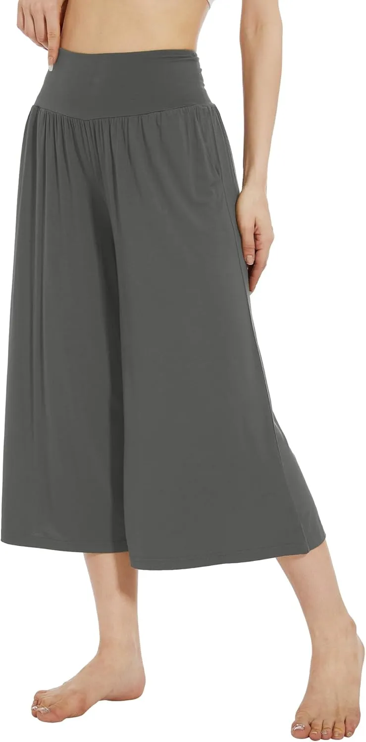 WiWi Women's Wide Leg Capri Pants Viscose from Bamboo Palazzo Lounge Bottoms with Pockets High Waist Pajama Bottom S-XXL