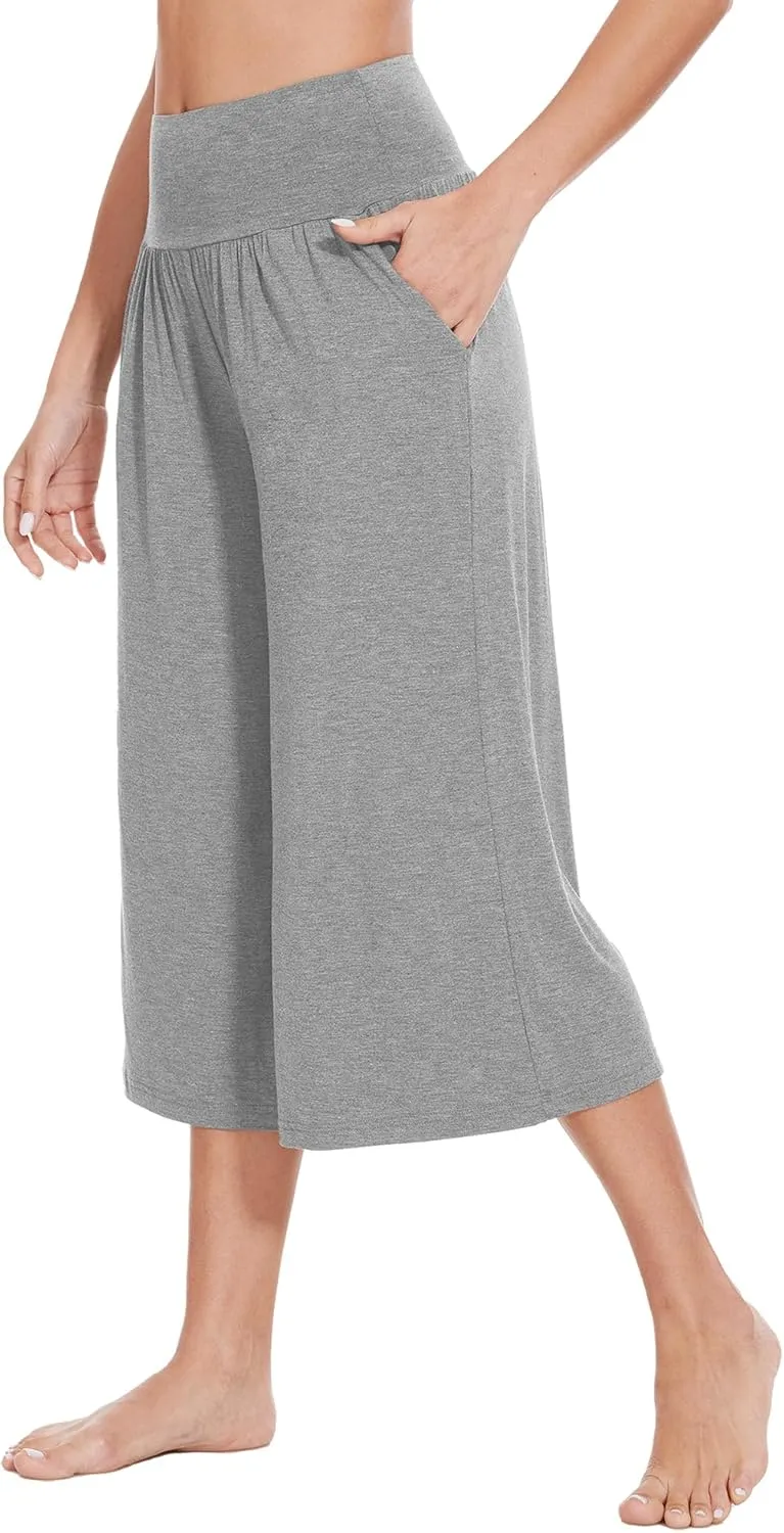 WiWi Women's Wide Leg Capri Pants Viscose from Bamboo Palazzo Lounge Bottoms with Pockets High Waist Pajama Bottom S-XXL