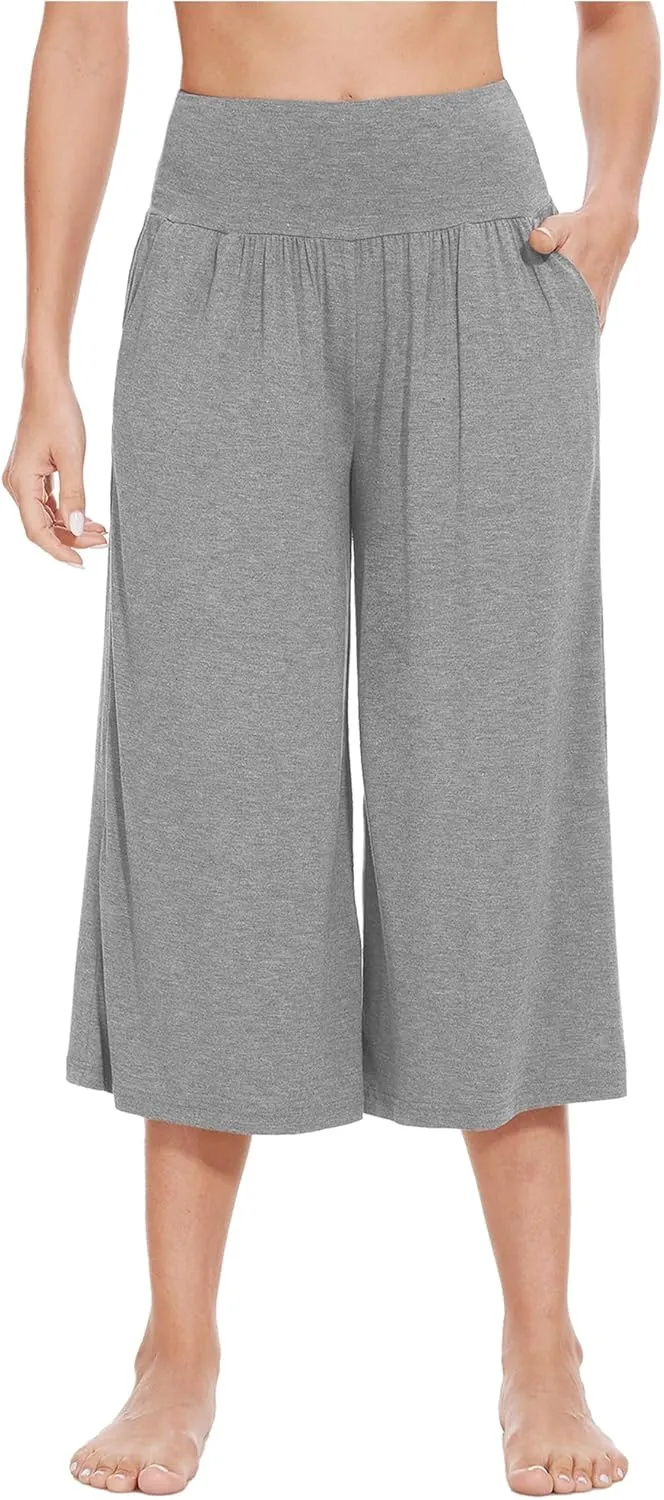 WiWi Women's Wide Leg Capri Pants Viscose from Bamboo Palazzo Lounge Bottoms with Pockets High Waist Pajama Bottom S-XXL