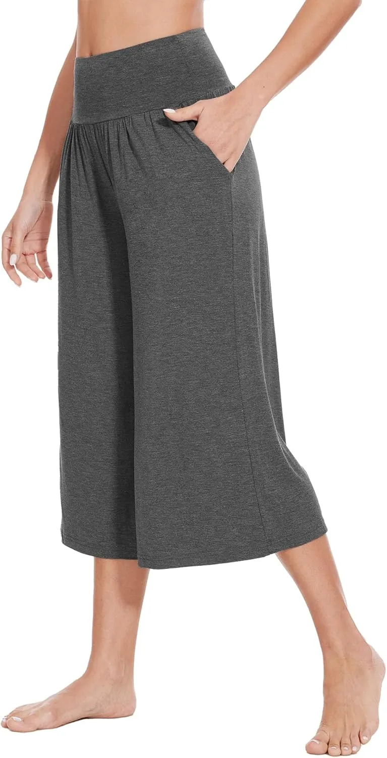 WiWi Women's Wide Leg Capri Pants Viscose from Bamboo Palazzo Lounge Bottoms with Pockets High Waist Pajama Bottom S-XXL