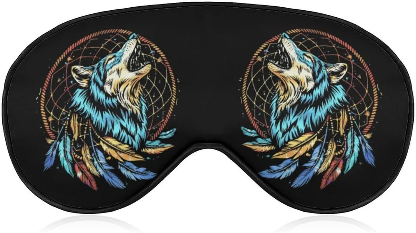 Wolf Dream-Catcher Spiritual Feathers Soft Eye Mask with Adjustable Strap Light Blocking Night Sleeping Travel Nap for Men Women