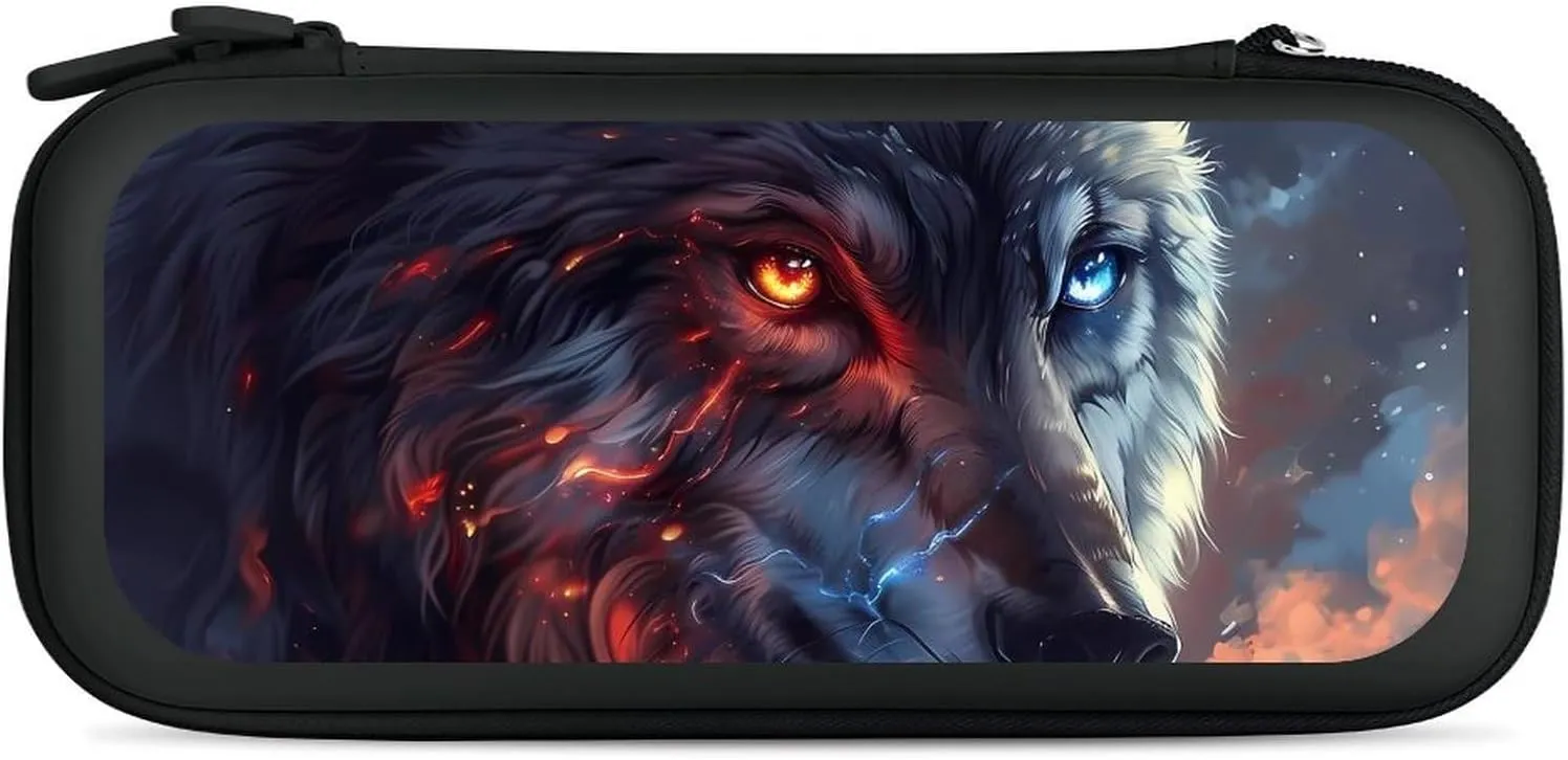 Wolf with Glowing Eyes Fantasy Animal Hard Shell Travel Case with Rope 15 Game Card Pockets Compatible with Switch Protective