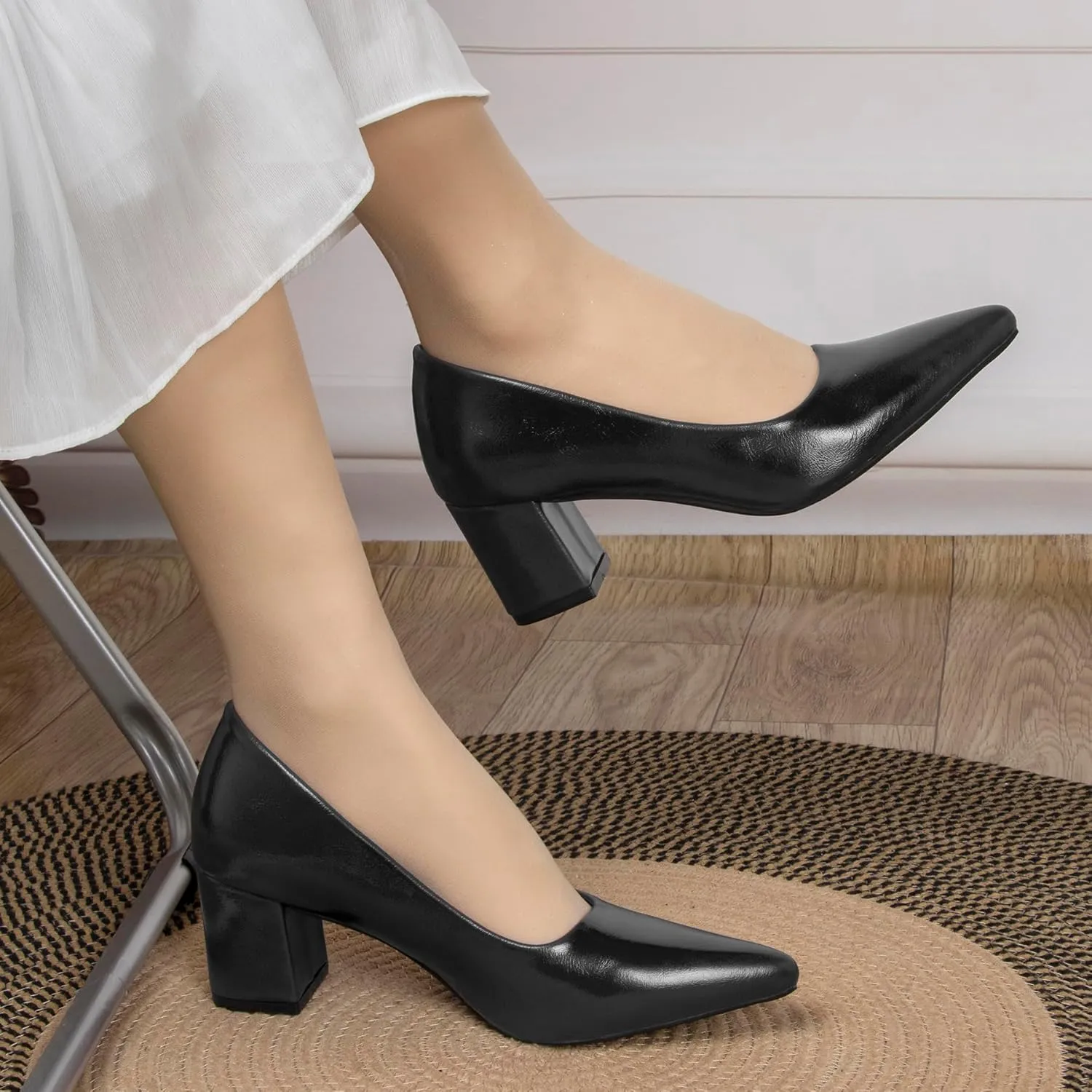 Women's Closed Pointed Toe Work Dress Pumps Low Chunky Patent Leather Office Heels for Women Zebra Pattern Suede Wedding Party Daily Comfy Pump Shoes Slip On 2.36 Inch
