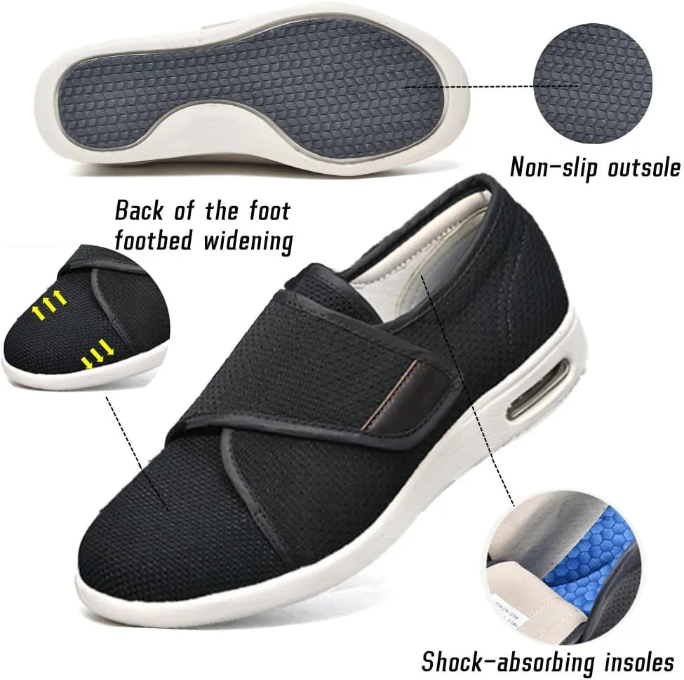 Women's Diabetic Shoes with Adjustable Closure Wide Width Edema Shoes Non-Slip Elderly Swollen Feet Walking Sneakers Black