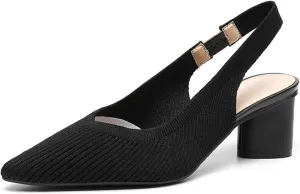 Women's Knitted Slingback Dress Pumps with Ankle Strap Closed Pointed Toe Low Block Heel Dress Shoes for Work Office Wedding Dressy