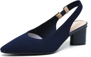 Women's Knitted Slingback Dress Pumps with Ankle Strap Closed Pointed Toe Low Block Heel Dress Shoes for Work Office Wedding Dressy