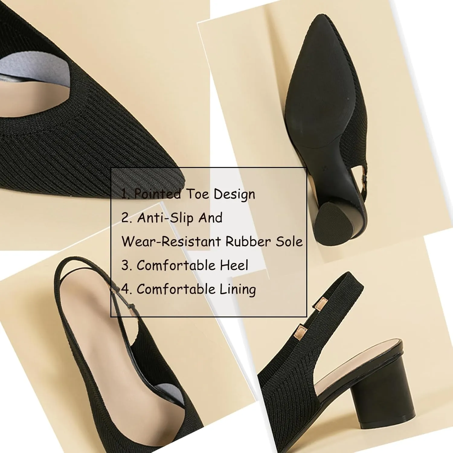Women's Knitted Slingback Dress Pumps with Ankle Strap Closed Pointed Toe Low Block Heel Dress Shoes for Work Office Wedding Dressy