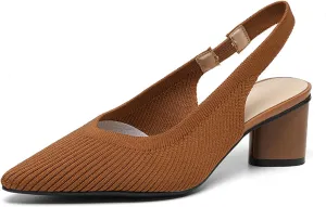 Women's Knitted Slingback Dress Pumps with Ankle Strap Closed Pointed Toe Low Block Heel Dress Shoes for Work Office Wedding Dressy