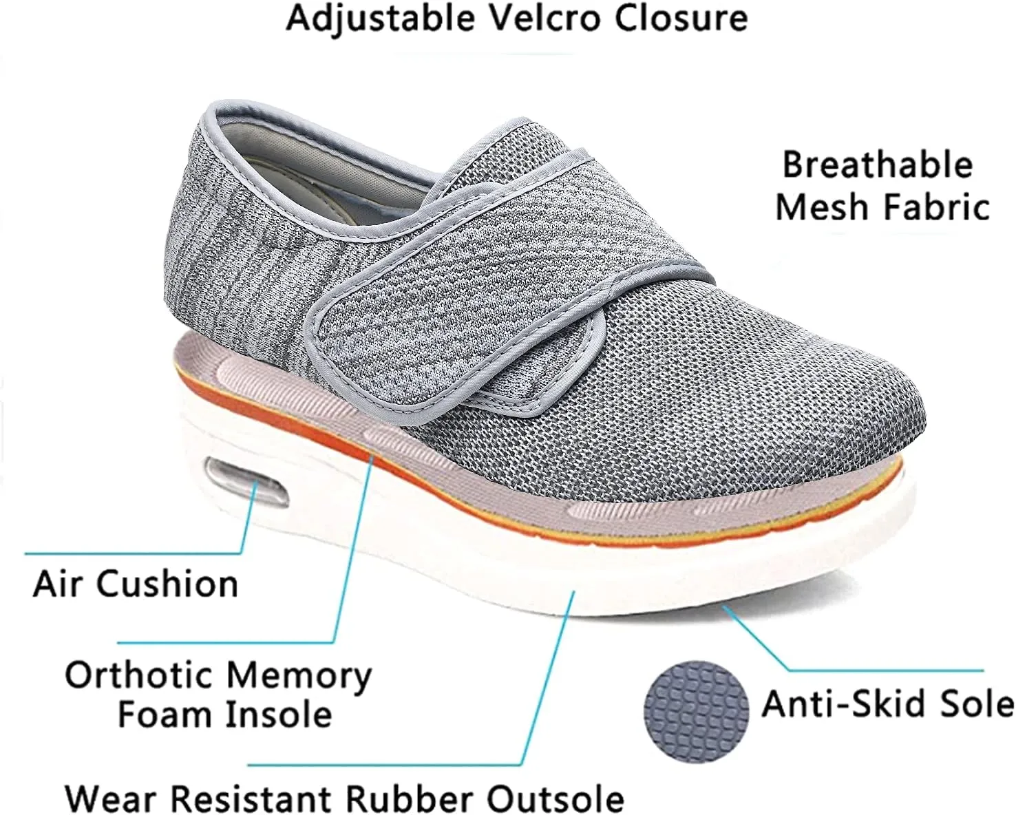 Womens Wide Width Diabetic Shoes with Adjustable Closure Lightweight Breathable for Diabetic Edema Plantar Fasciitis Bunions Arthritis Elderly Swollen Feet Black Gray