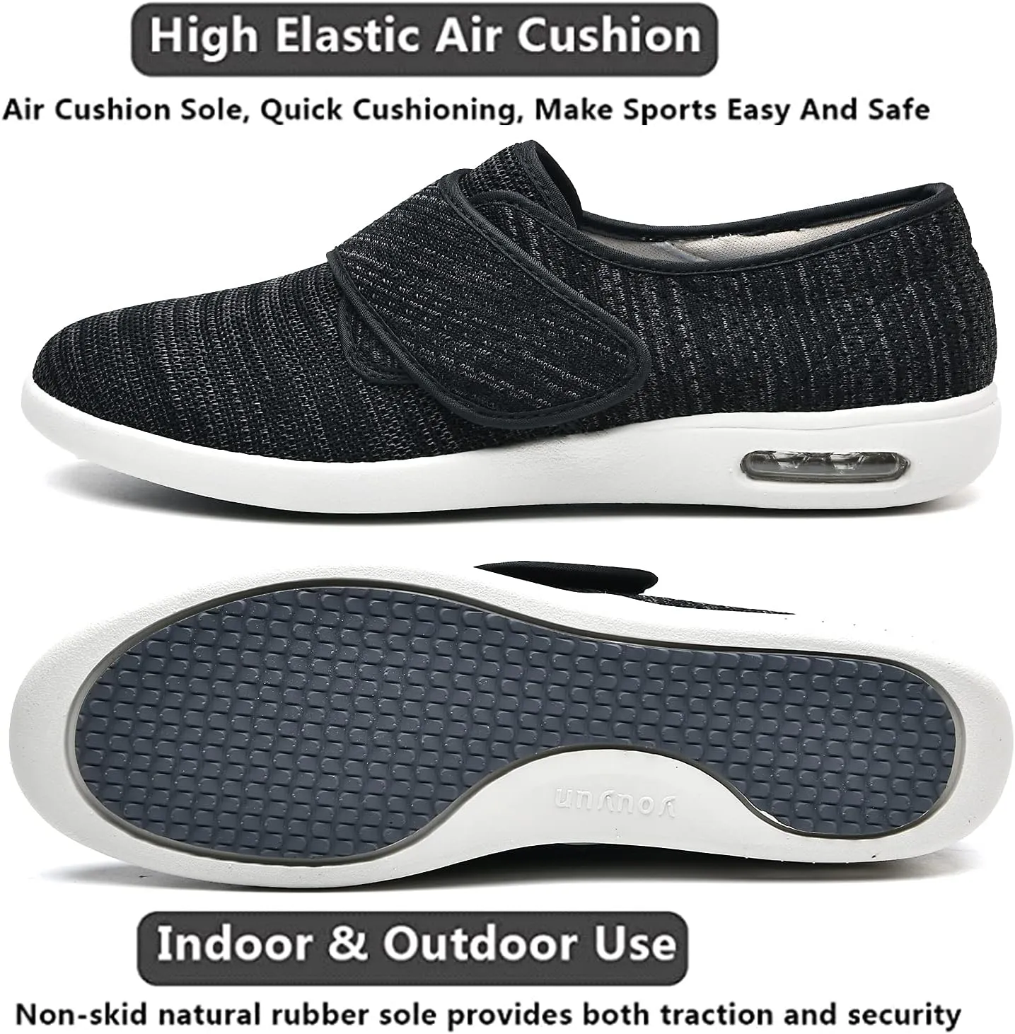 Womens Wide Width Diabetic Shoes with Adjustable Closure Lightweight Breathable for Diabetic Edema Plantar Fasciitis Bunions Arthritis Elderly Swollen Feet Black Gray