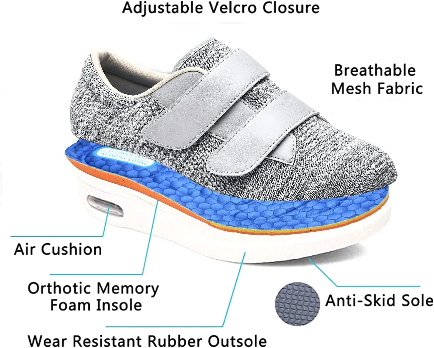 Womens Wide Width Diabetic Shoes with Adjustable Closure Lightweight Breathable for Diabetic Edema Plantar Fasciitis Bunions Arthritis Elderly Swollen Feet