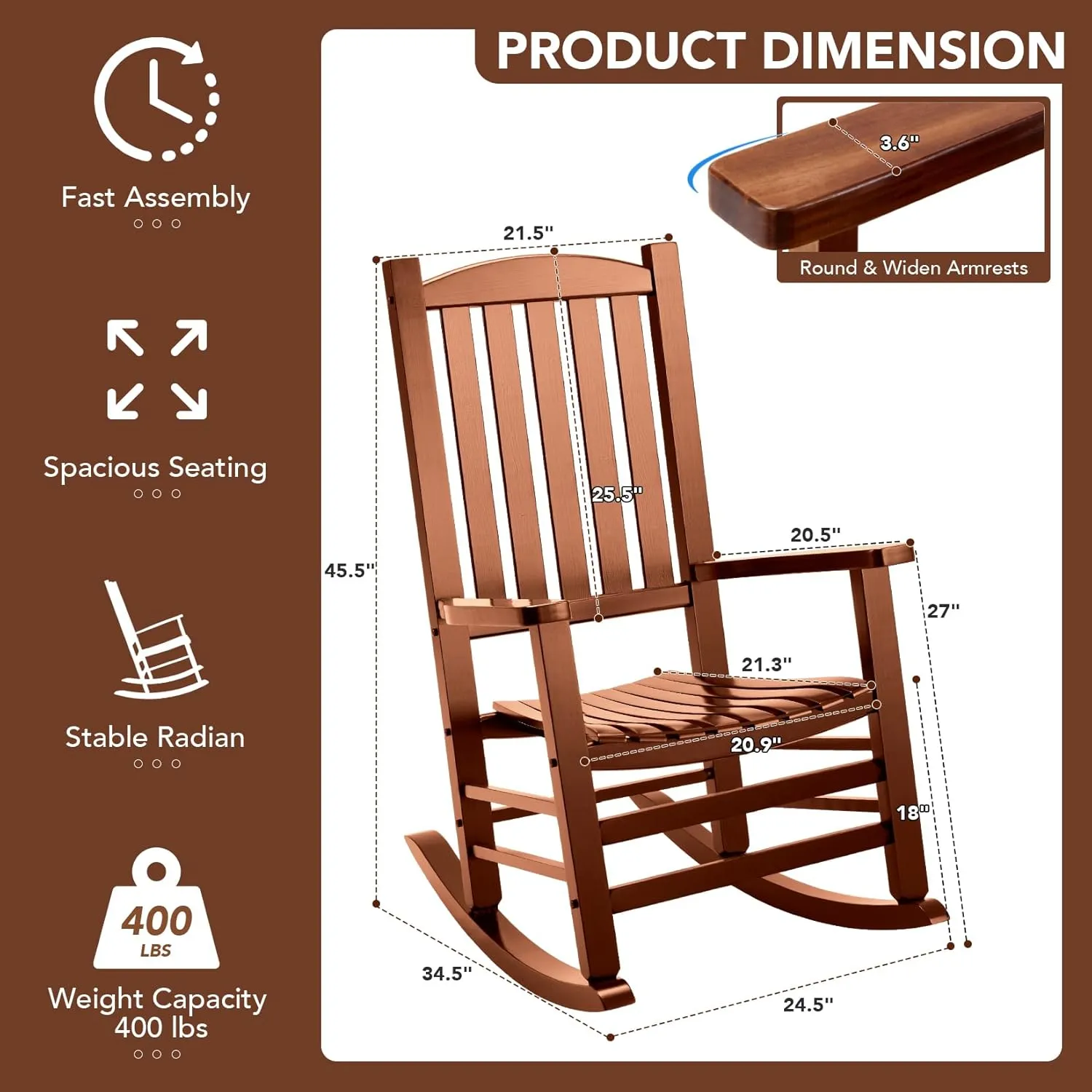 Wood Outdoor Rocking Chair, Oversized Patio Rocking Chair w/400lbs Support & High Backrest | Porch, Lawn, Garden, Backyard, Outdoor, Indoor, Natural