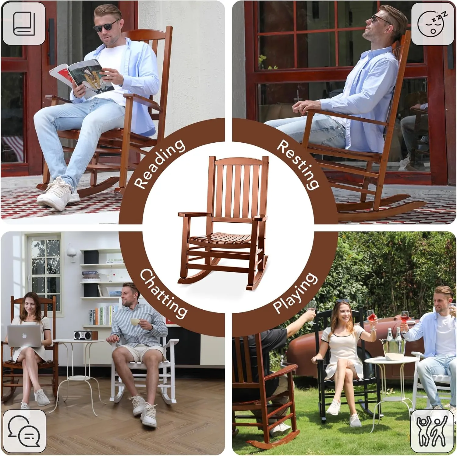 Wood Outdoor Rocking Chair, Oversized Patio Rocking Chair w/400lbs Support & High Backrest | Porch, Lawn, Garden, Backyard, Outdoor, Indoor, Natural