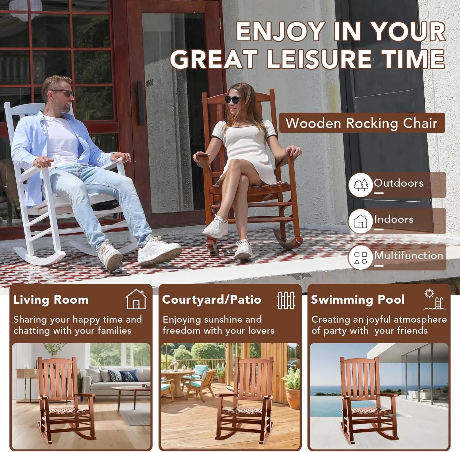 Wood Outdoor Rocking Chair, Oversized Patio Rocking Chair w/400lbs Support & High Backrest | Porch, Lawn, Garden, Backyard, Outdoor, Indoor, Natural