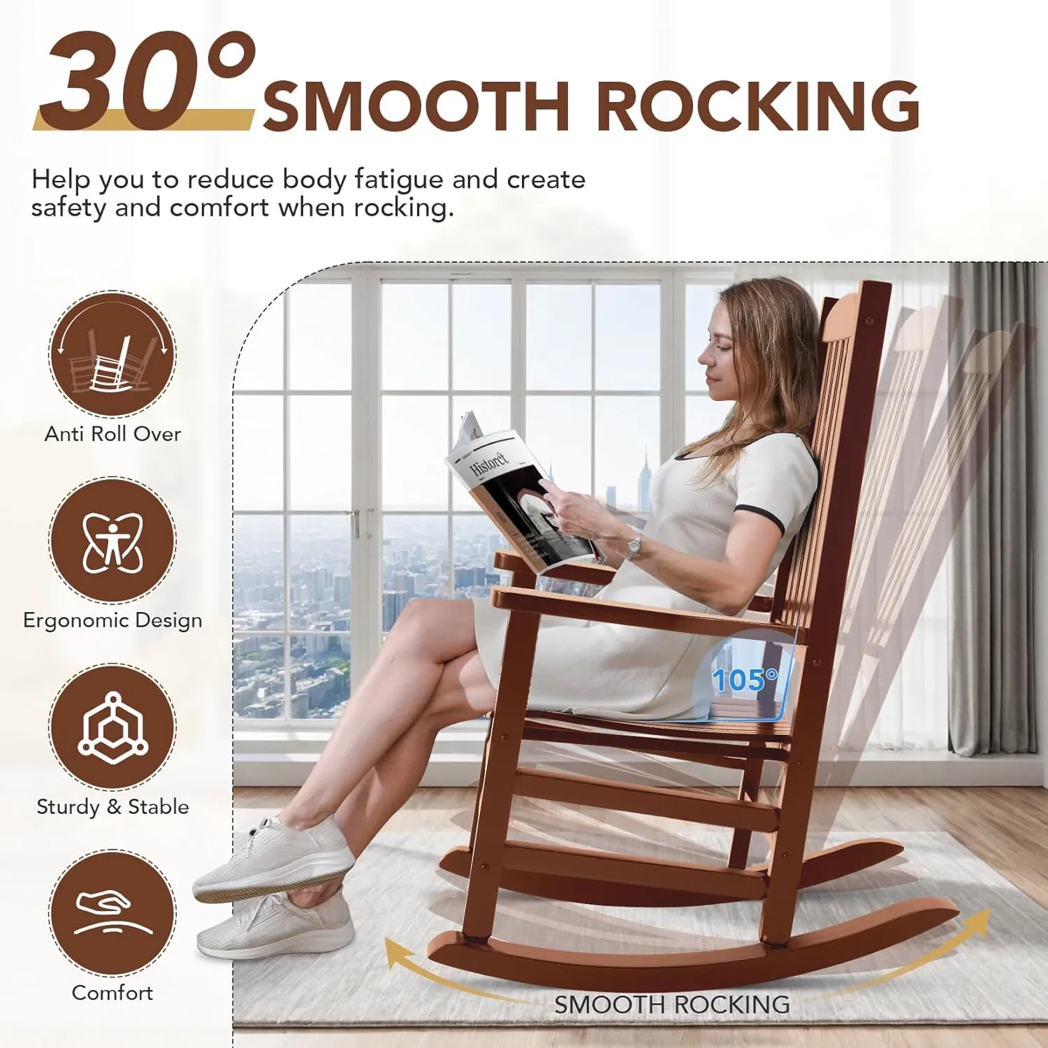 Wood Outdoor Rocking Chair, Oversized Patio Rocking Chair w/400lbs Support & High Backrest | Porch, Lawn, Garden, Backyard, Outdoor, Indoor, Natural