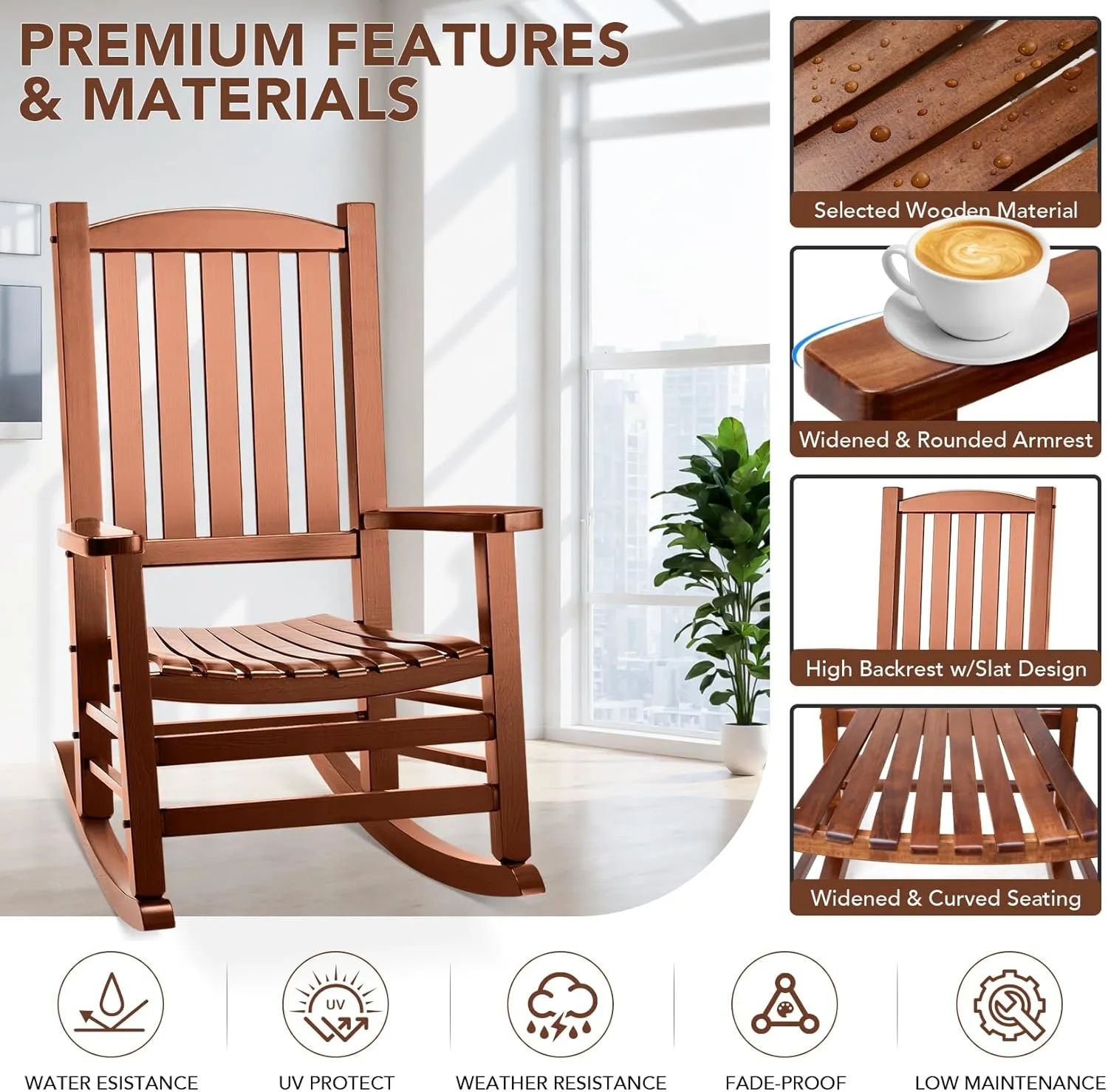 Wood Outdoor Rocking Chair, Oversized Patio Rocking Chair w/400lbs Support & High Backrest | Porch, Lawn, Garden, Backyard, Outdoor, Indoor, Natural