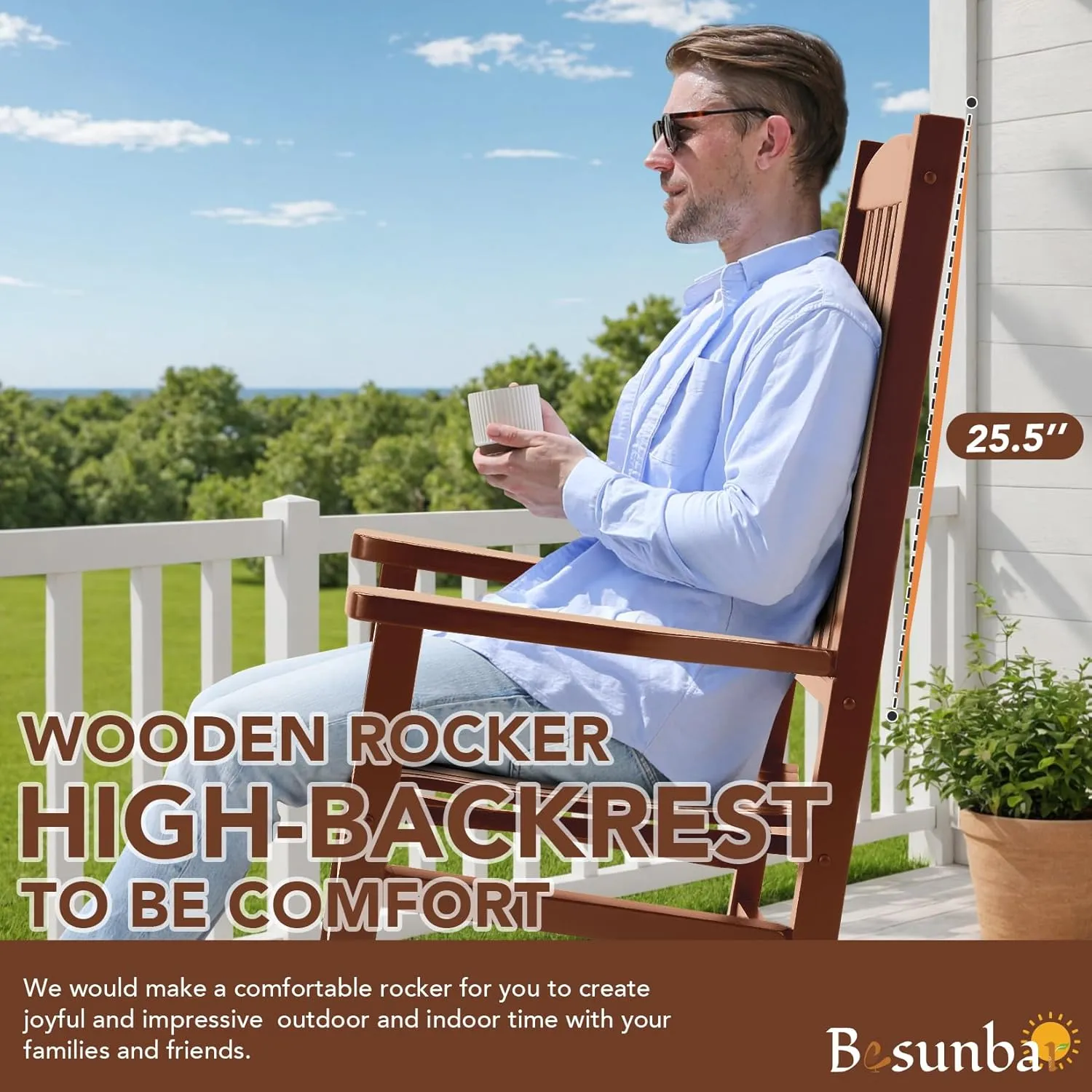 Wood Outdoor Rocking Chair, Oversized Patio Rocking Chair w/400lbs Support & High Backrest | Porch, Lawn, Garden, Backyard, Outdoor, Indoor, Natural