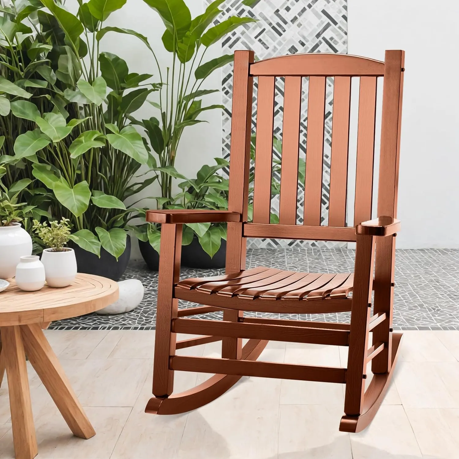 Wood Outdoor Rocking Chair, Oversized Patio Rocking Chair w/400lbs Support & High Backrest | Porch, Lawn, Garden, Backyard, Outdoor, Indoor, Natural
