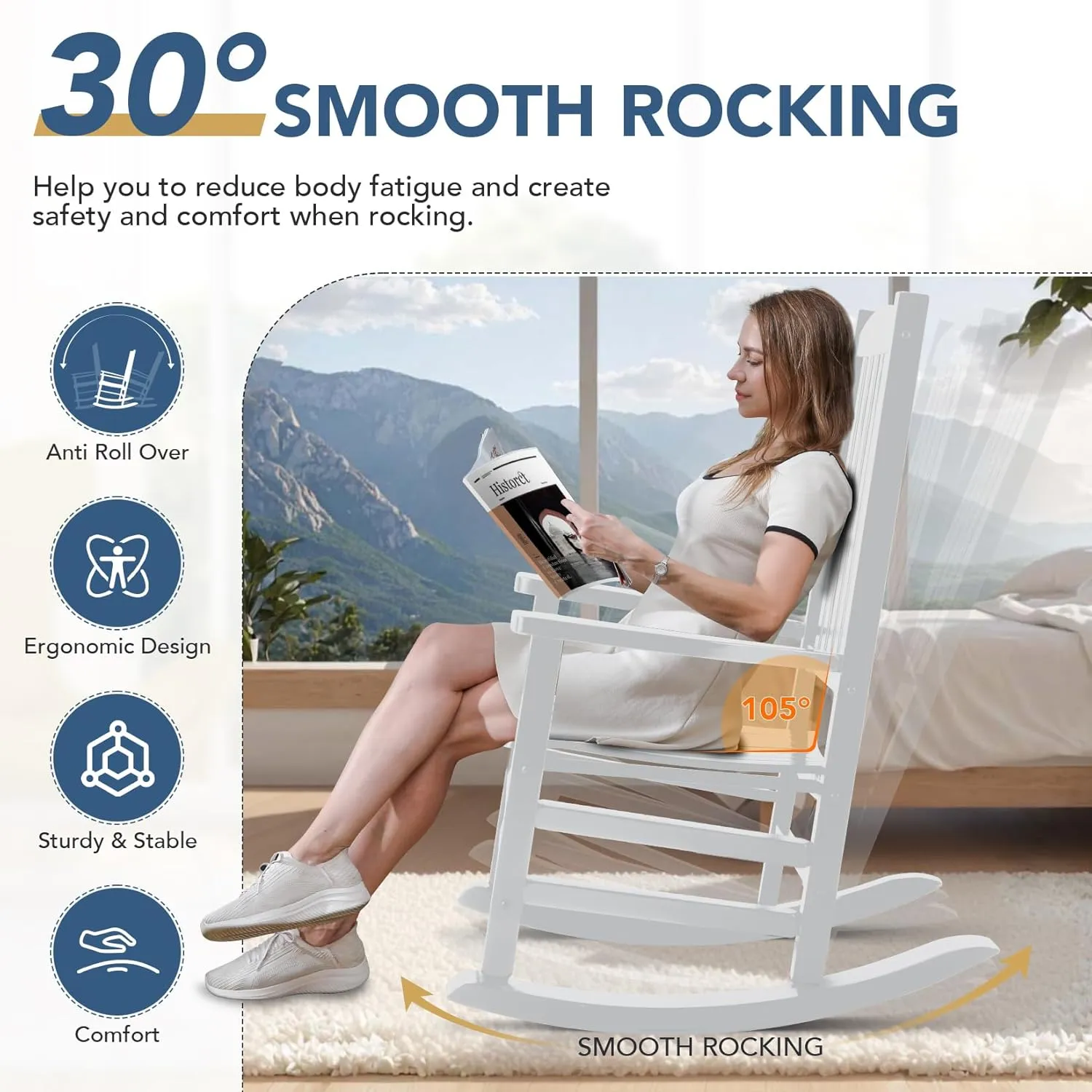 Wood Outdoor Rocking Chair, Oversized Patio Rocking Chair w/400lbs Support & High Backrest | Porch, Lawn, Garden, Backyard, Outdoor, Indoor, White