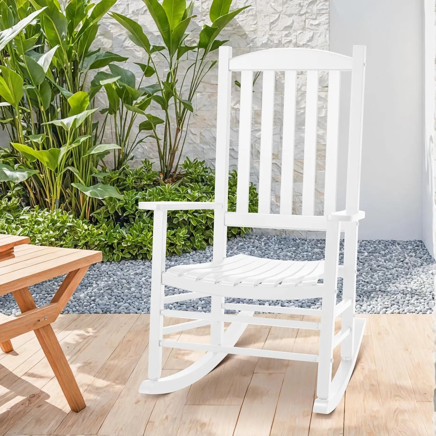 Wood Outdoor Rocking Chair, Oversized Patio Rocking Chair w/400lbs Support & High Backrest | Porch, Lawn, Garden, Backyard, Outdoor, Indoor, White